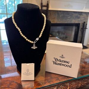 Vivienne Westwood Cream Pearl Necklace with Silver Orb Charm
